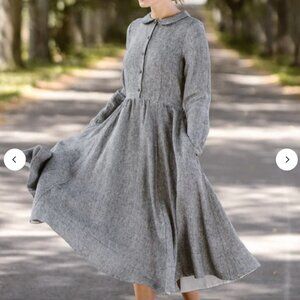 Son de Flor Long Sleeve Classic Dress in Twill Linen, Grey Moon - Size M